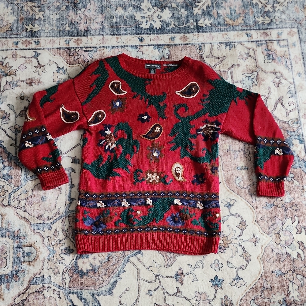 VNTG Handknit Maurices Paisley Embroidered Oversized Ramie Cotton Sweater M/L